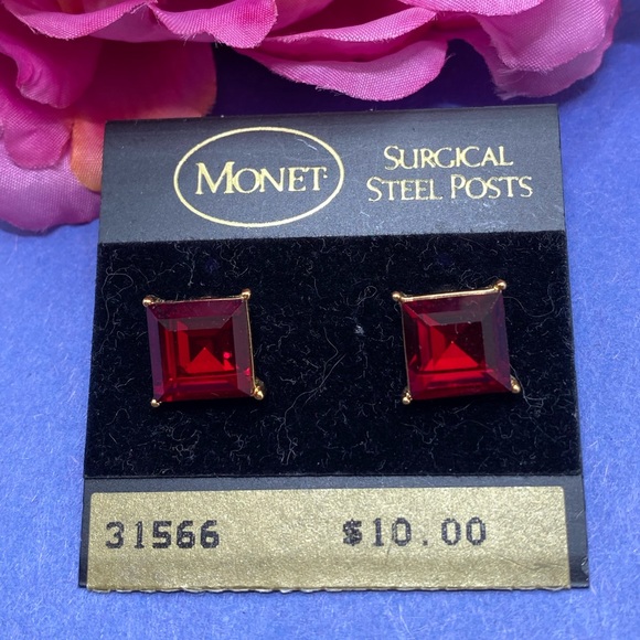 Monet Jewelry - NWT Monet squared red glass gold tone stud earrings 
Brand new